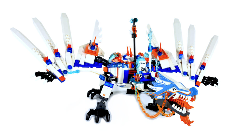 LEGO Frost Dragon on white viewed from front with wings spread