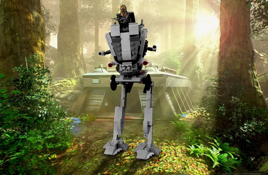 LEGO AT-ST Walker standing in front of Base on Endor