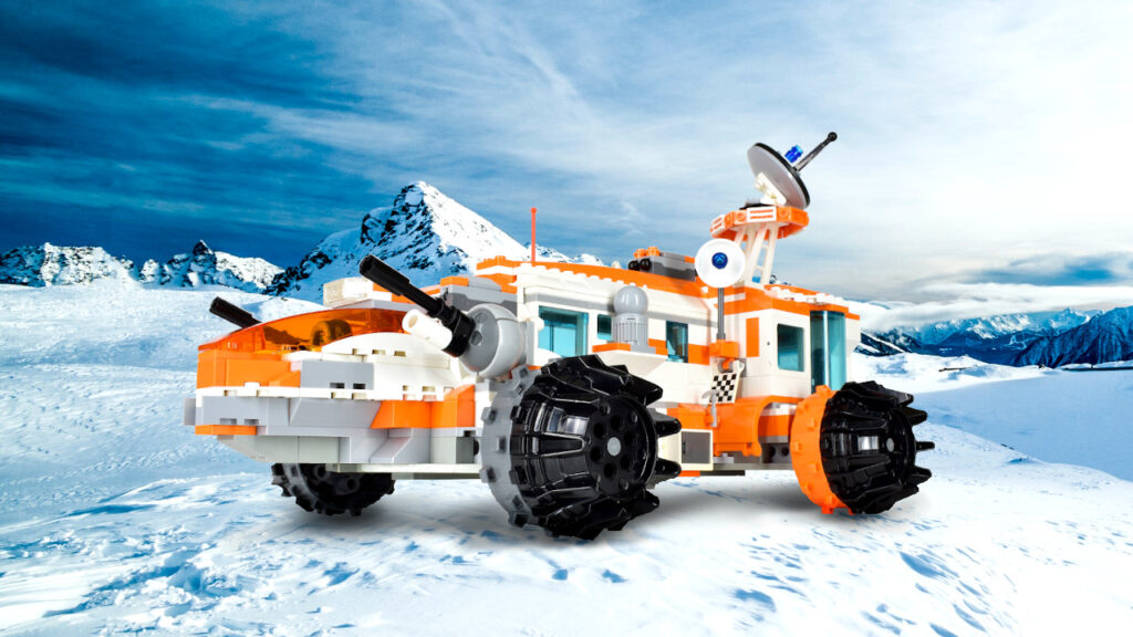 LEGO Arctic Rover on top of a snow covered mountain