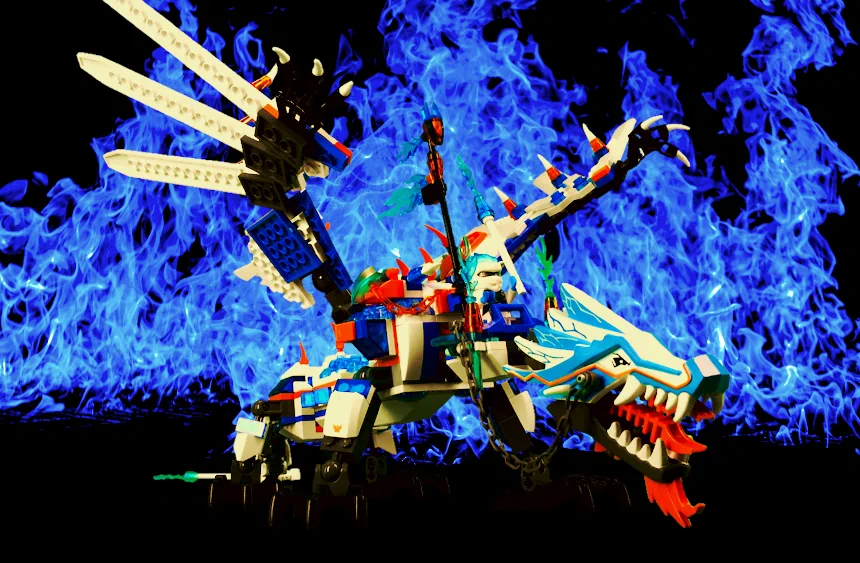 LEGO Frost Dragon with blue flames viewed from front