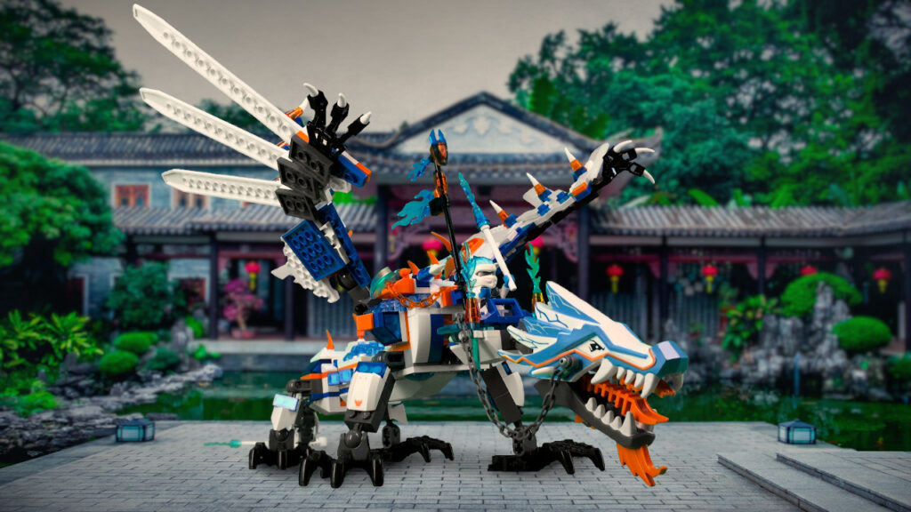 Frost Dragon standing in Front of a temple with wings in the air