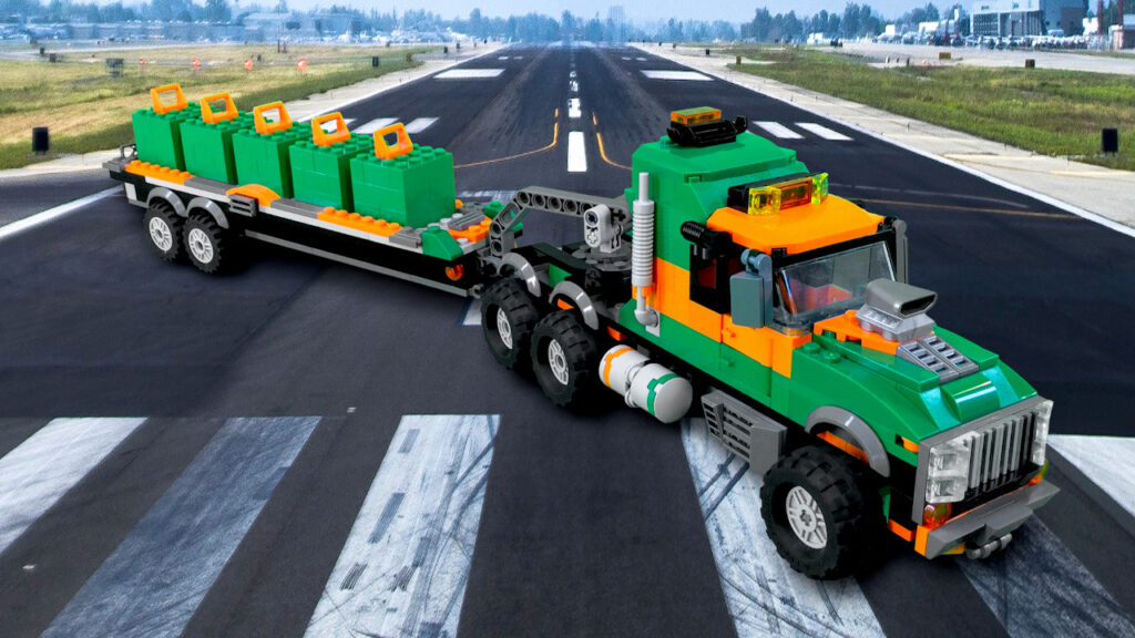 LEGO Mean Green Semi on runway viewed from high angle