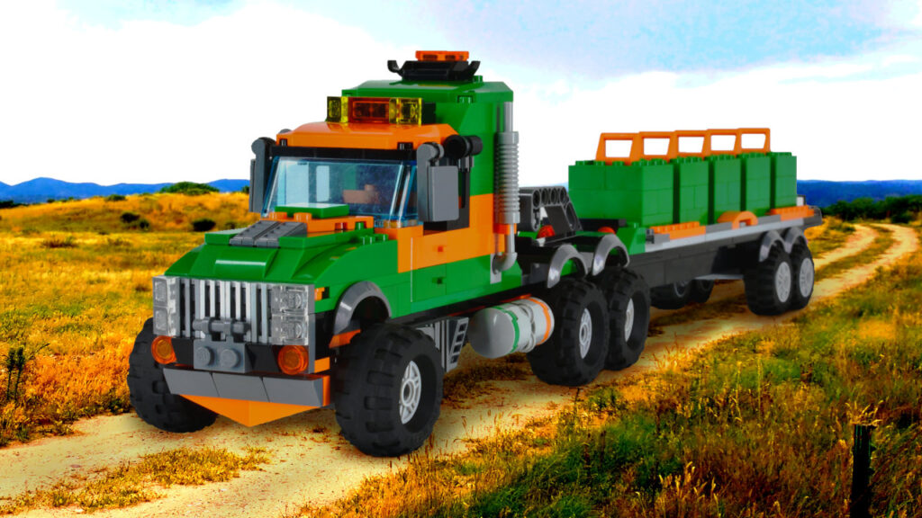 LEGO Mean Green Semi on dirt road viewed from front left