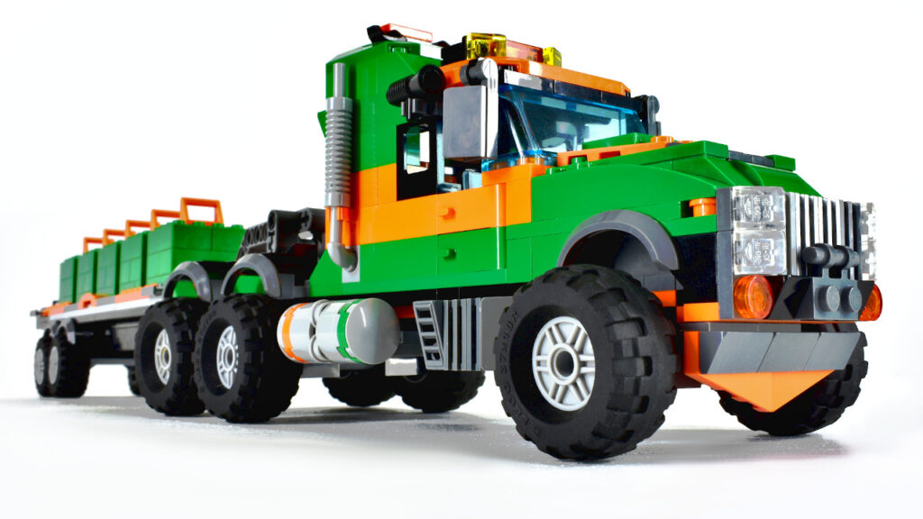 Low angle of LEGO Mean Green Semi on white viewed from front right