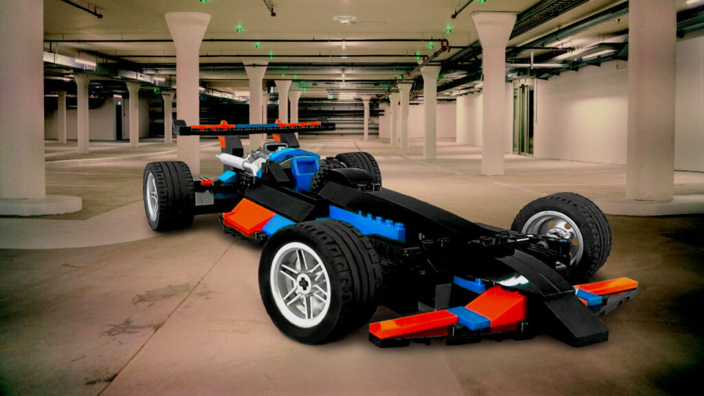 LEGO BadCat Indycar in parking garage from front