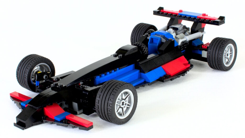 LEGO BadCat Indycar on white viewed from front left