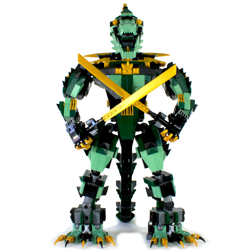 LEGO Ninja Dragon on white viewed from front with crossed swords