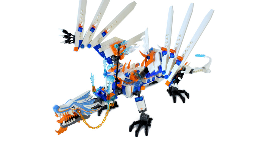 LEGO Frost Dragon on white viewed from high angle