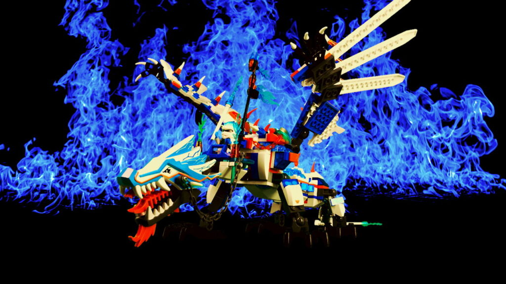 LEGO Frost Dragon with blue flames viewed from front