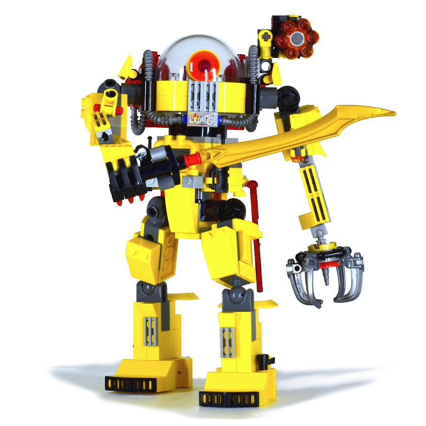 LEGO YRB-47 Robot on white viewed from front with sword