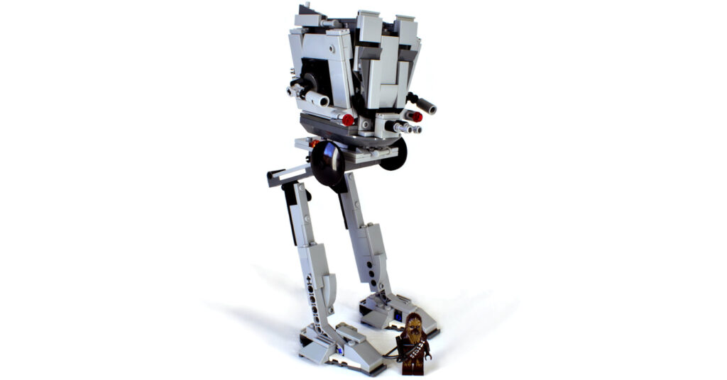 LEGO AT-ST Walker on white background viewed from front right
