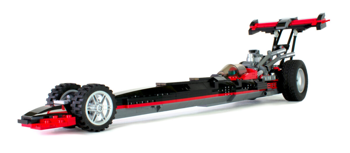LEGO BadCat Dragster on white viewed from front left
