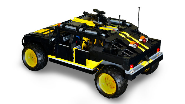 Yellow LEGO Hummer design from left rear side