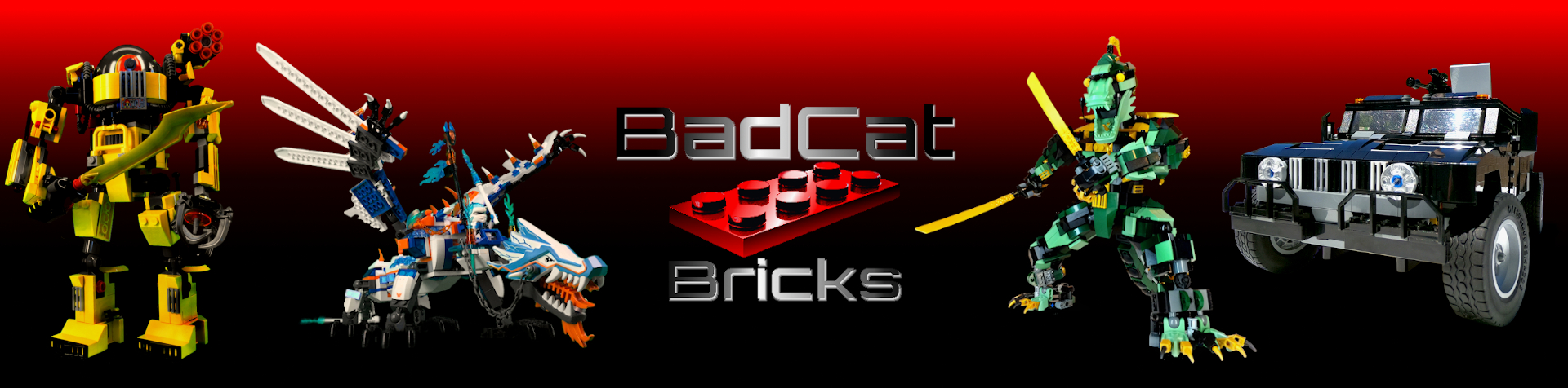 Image of BadCatBricks Logo with Frost Dragon LEGO Design, Hummer LEGO Design, Ninja Dragon LEGO Design and YRB LEGO Design