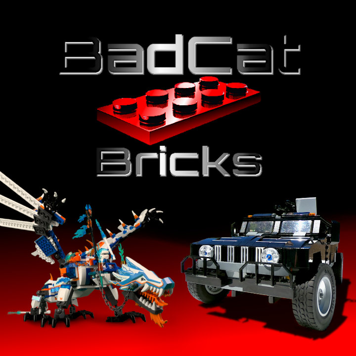 Image of BadCatBricks Logo with Frost Dragon LEGO Design and Hummer LEGO Design