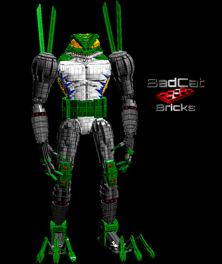 LEGO CyberFrog 22 Image of LEGO CyberFrog from the front standing with his arms down.