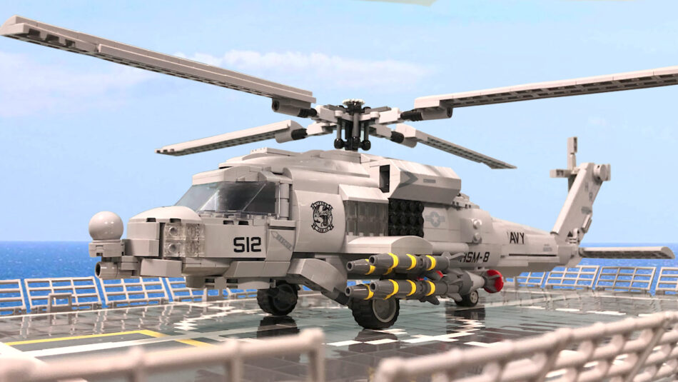 LEGO MH-60R SeaHawk Helicopter sitting on the flight deck of a Littoral Combat ship.