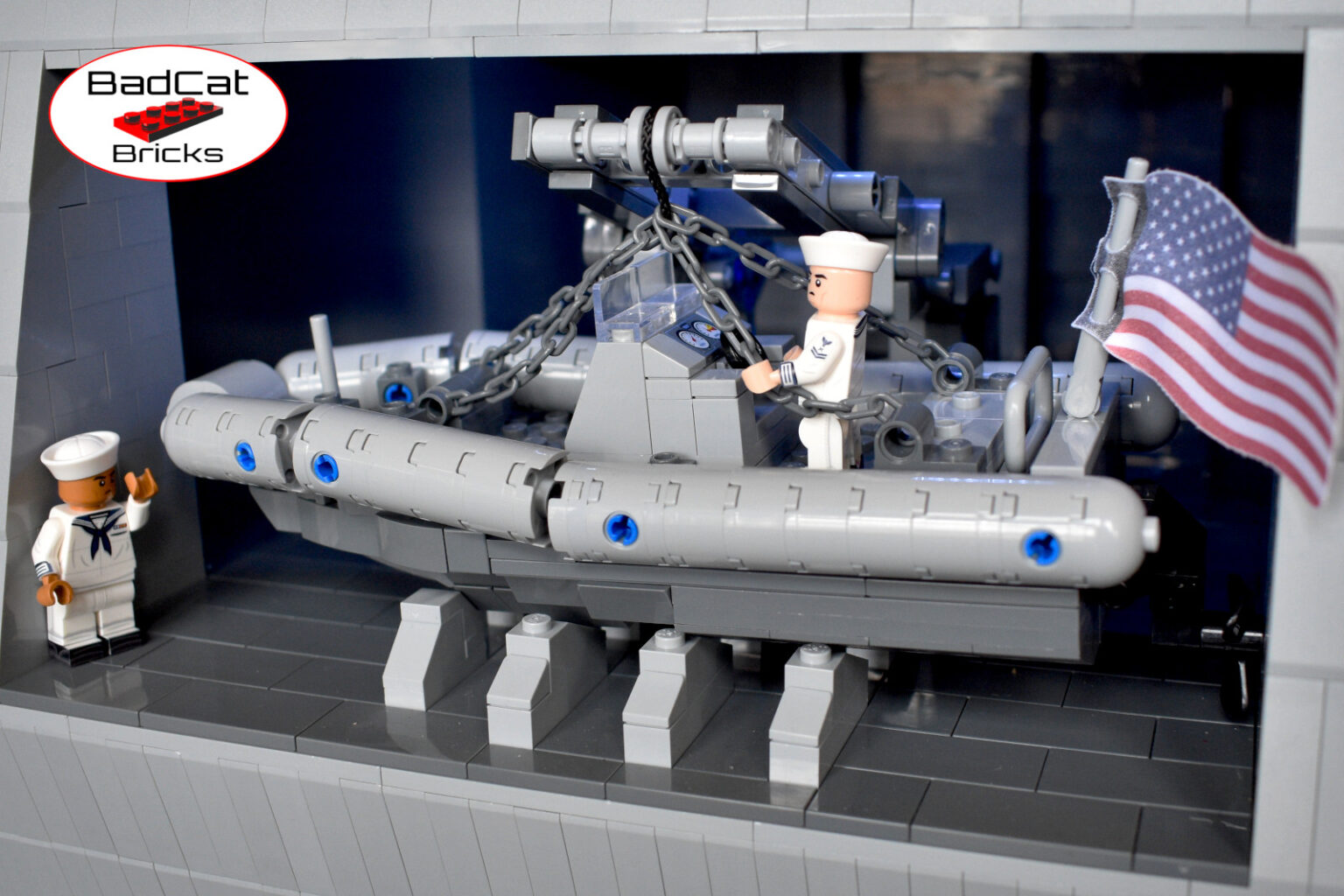 LEGO USS Cleveland pic 2 LEGO 7 Meter Rigid Inflatable boat and crane from the side of the LEGO USS Cleveland