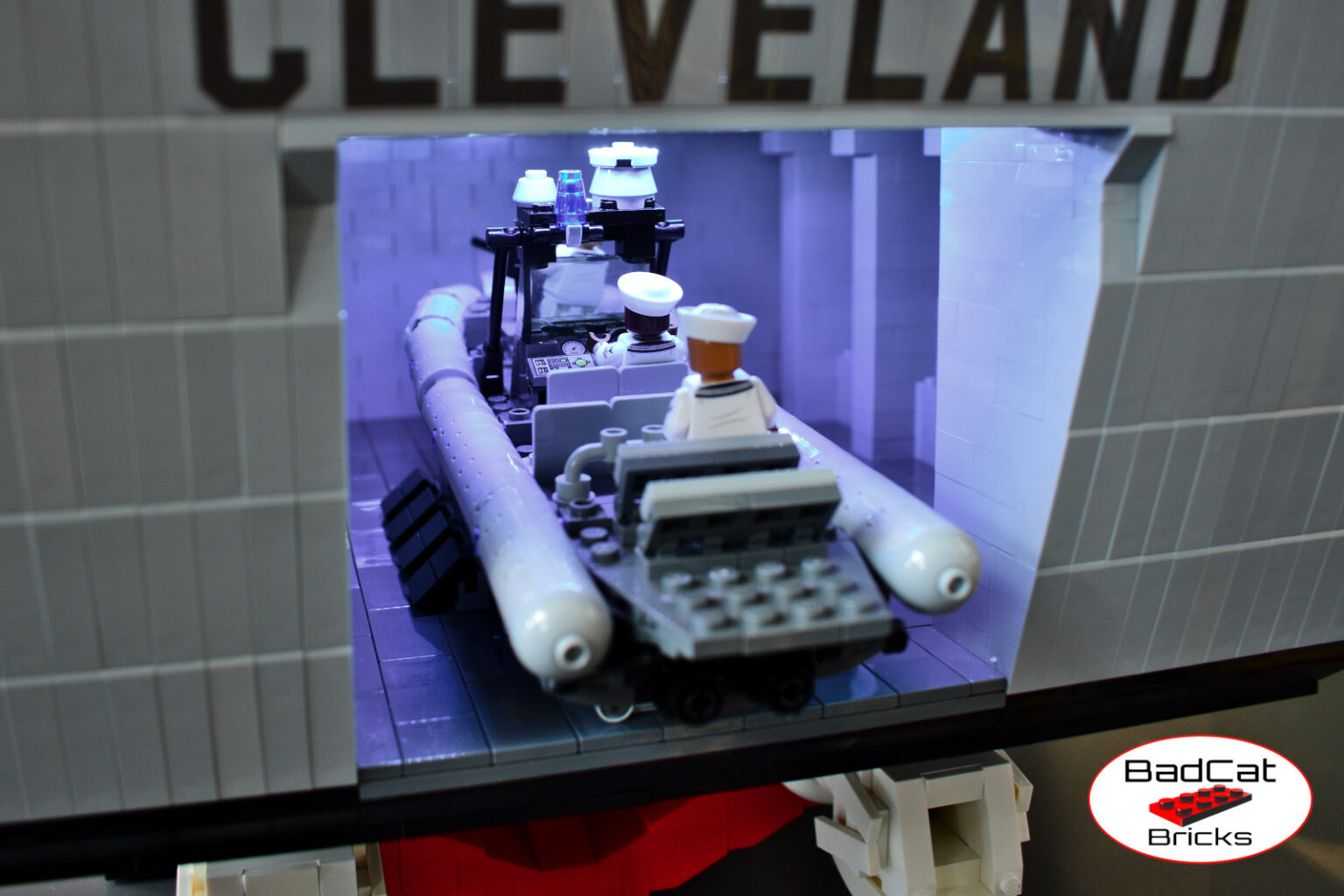 LEGO USS Cleveland pic 1 LEGO 11 Meter Rigid Inflatable boat on stern launch of the LEGO USS Cleveland